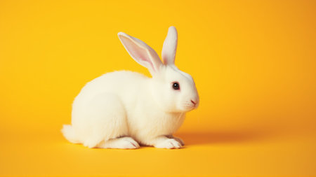 Cute white rabbit on isolated yellow backgroundの素材