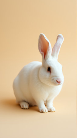Cute white bunny on isolated peach background colorsの素材