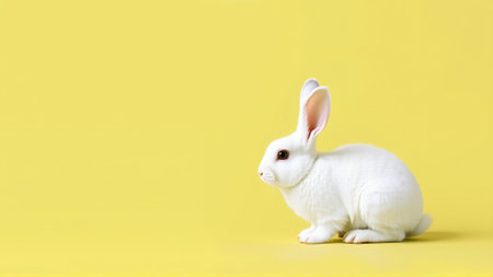 Cute white rabbit on isolated yellow backgroundの素材