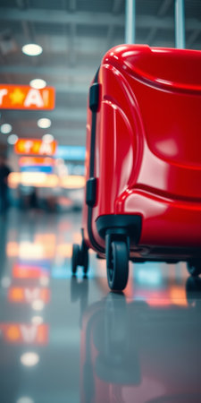Red suitcase in the airport buildingの素材