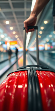 Red suitcase in the airport buildingの素材