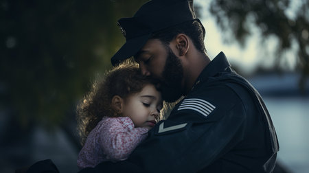 Soldier hugging sad little daughter while leaving for war. A man rescues and calms a frightened child during the fighting.の素材