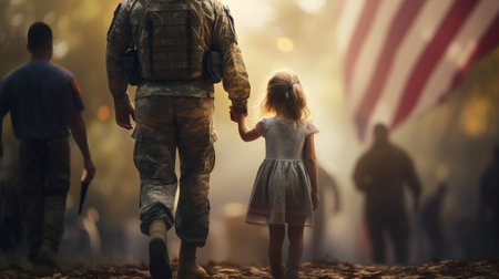 Soldier hugging sad little daughter while leaving for war. A man rescues and calms a frightened child during the fighting.の素材