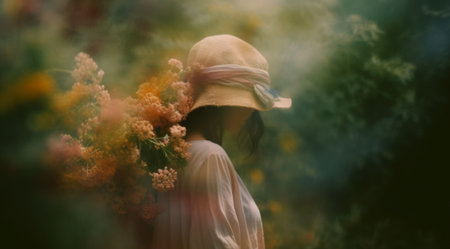 Blurred romantic image of a woman in a light dress with a bouquet of beautiful flowers in her hands in a spring garden.の素材