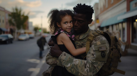 Soldier hugging sad little daughter while leaving for war. A man rescues and calms a frightened child during the fighting.の素材