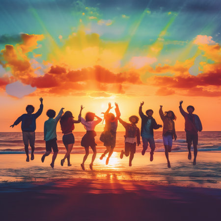 Image of silhouettes of a company of people on the seashore. Friends bounce with happiness and good mood. People pose for a good photo as a memento of the holidayの素材