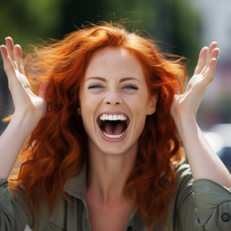 Surprised and joyful red-haired woman laughing at the cameraの素材