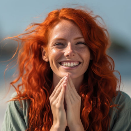 Surprised and joyful red-haired woman laughing at the cameraの素材