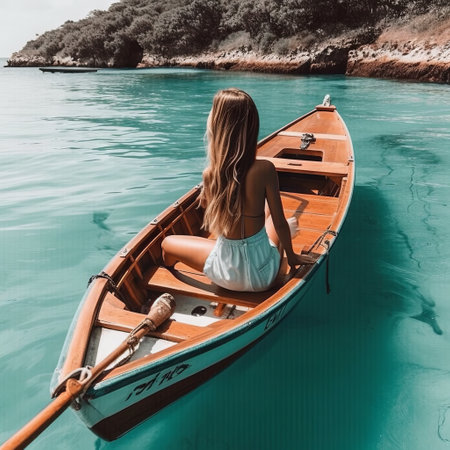 Rear view of a woman sailing on a small boat near the seashore against the backdrop of beautiful mountainsの素材