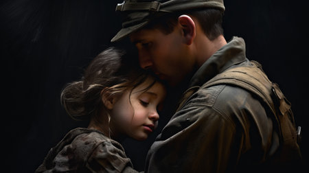 Soldier hugging sad little daughter while leaving for war. A man rescues and calms a frightened child during the fighting.の素材