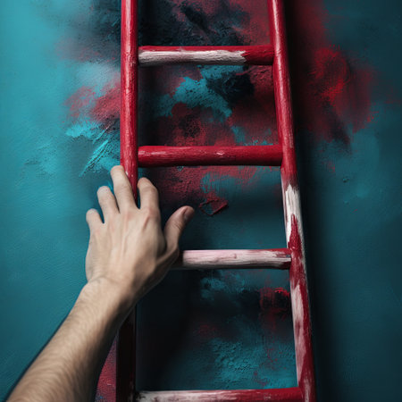 The red staircase leads up. A man rises to his goalの素材