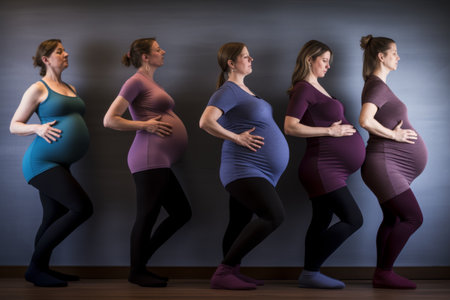 A group of pregnant women in tracksuits are doing gymnastics in a special roomの素材