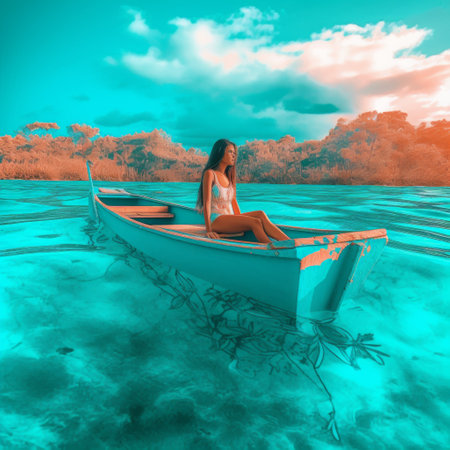 Rear view of a woman sailing on a small boat near the seashore against the backdrop of beautiful mountainsの素材
