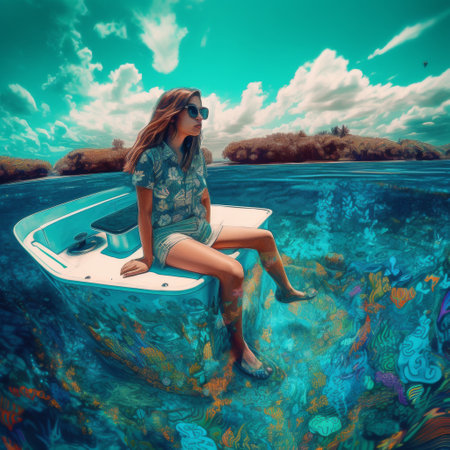 Rear view of a woman sailing on a small boat near the seashore against the backdrop of beautiful mountainsの素材