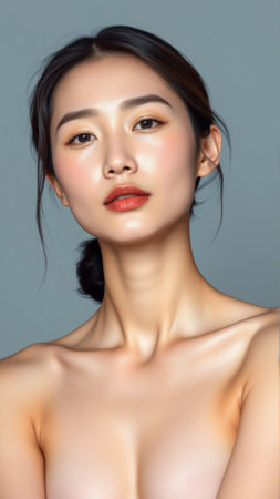 Portrait of beautiful asian woman on isolated grey backgroundの素材