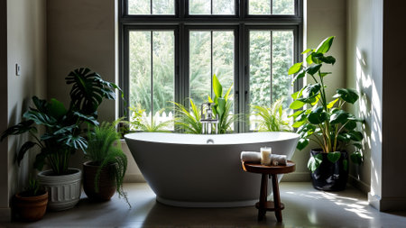 Lots of homemade potted flowers with bathroomの素材