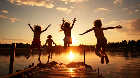 Children jump from the bridge into the pond in the light of the setting sunの素材
