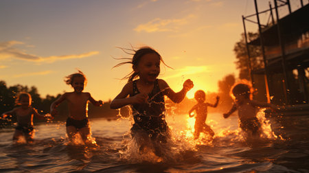 Kids play, splash, run on the water, along the seashore in the setting light of the sunの素材