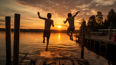 Children jump from the bridge into the pond in the light of the setting sunの素材