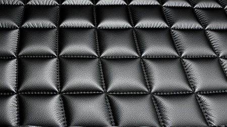 The surface texture of artificial leather in black, stitched in the form of diamonds, squares, rectangles. Quilted eco-leather.の素材