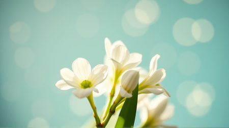 Delicate spring flowers in backlit sunlight, blurred backgroundの素材