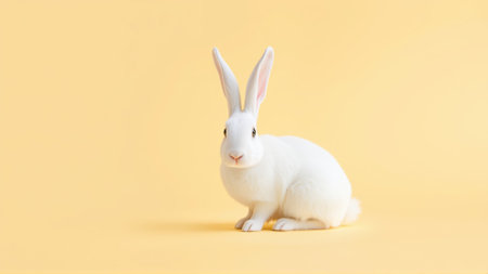 Cute white rabbit on isolated yellow backgroundの素材