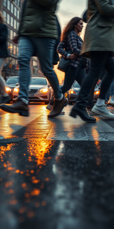 A lot of people walk along the pedestrian crossing during rush hourの素材