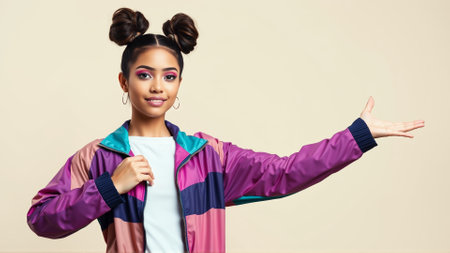 Young girl with bright face makeup on pink background. Girl dressed in a vintage sports windbreakerの素材