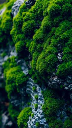 Wet green moss on the rocksの素材