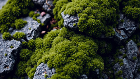Wet green moss on the rocksの素材