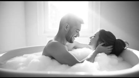 Monochrome image of a bathtub filled with foam. In the bathtub, a woman and a man in love are embracingの素材