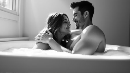 Monochrome image of a bathtub filled with foam. In the bathtub, a woman and a man in love are embracingの素材