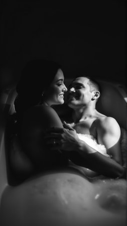 Monochrome image of a bathtub filled with foam. In the bathtub, a woman and a man in love are embracingの素材
