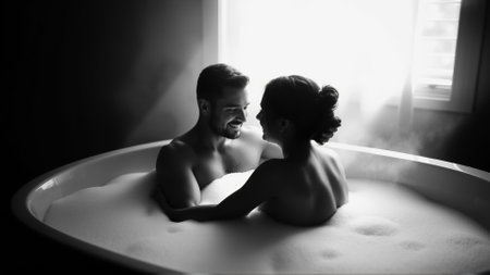 Monochrome image of a bathtub filled with foam. In the bathtub, a woman and a man in love are embracingの素材