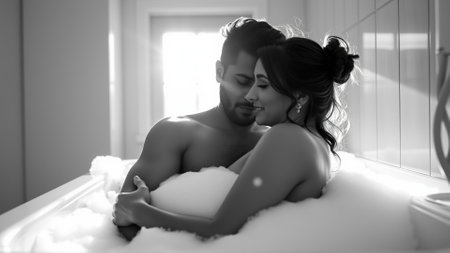 Monochrome image of a bathtub filled with foam. In the bathtub, a woman and a man in love are embracingの素材