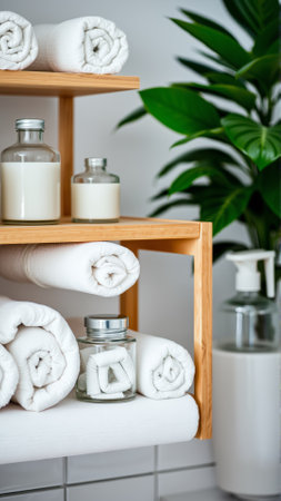Spa treatment set, wooden shelf with neatly folded towels and dispensers for soap, cream, massage oilの素材