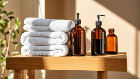 Spa treatment set, wooden shelf with neatly folded towels and dispensers for soap, cream, massage oilの素材