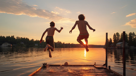 Children jump from the bridge into the pond in the light of the setting sunの素材