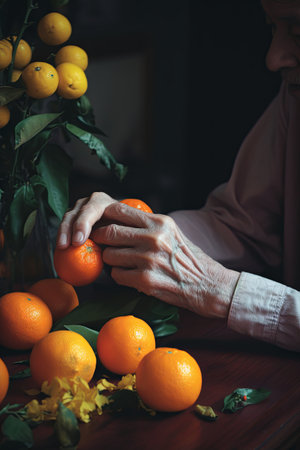 Elderly mans hands holding an orangeの素材