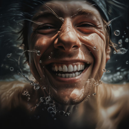 Portrait of a cheerful sportsman laughing at the camera underwaterの素材