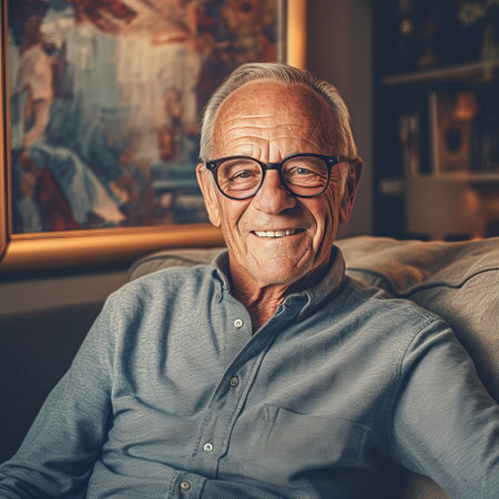 Portrait of an elderly man. The pensioner smiles and looks into the frameの素材