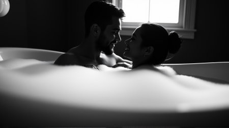 Monochrome image of a bathtub filled with foam. In the bathtub, a woman and a man in love are embracingの素材