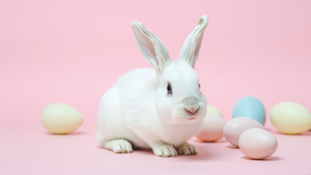 White fluffy rabbit sits on pink isolated background among colorful eggsの素材