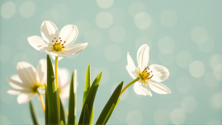 Delicate spring flowers in backlit sunlight, blurred backgroundの素材