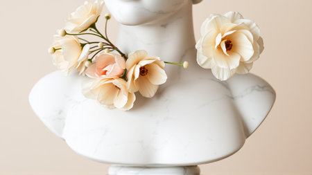 Stone statue covered with spring flowers on isolated backgroundの素材