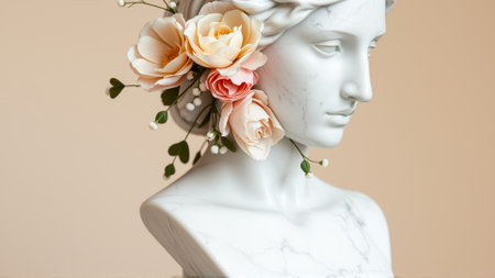 Stone statue covered with spring flowers on isolated backgroundの素材