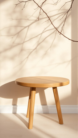 A simple wooden table with a round top filled with a coating that provides sunlight. The delicate shadows of leafy branches play on the textured cream wall in the background.の素材
