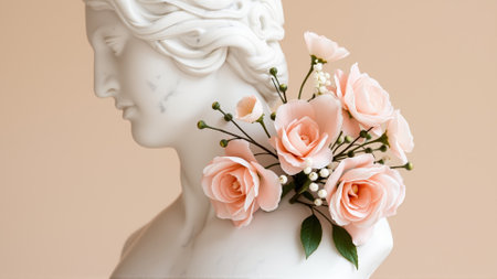 Stone statue covered with spring flowers on isolated backgroundの素材