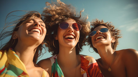 Three beautiful cheerful women are relaxing together on a beautiful sunny dayの素材