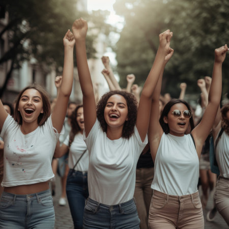 Demonstration of young cheerful feminists on the city streetの素材